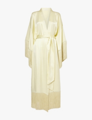 OLIVIA VON HALLE: Amina fringed-trim silk-satin robe