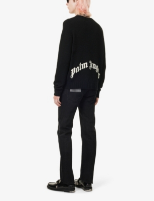 Shop Palm Angels Logo-print Relaxed-fit Wool-blend Jumper In Black White