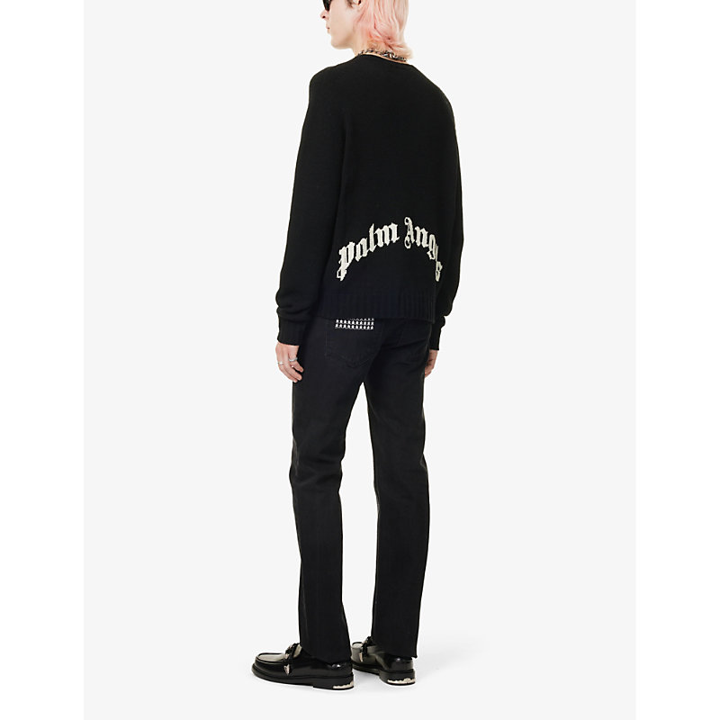 Shop Palm Angels Logo-print Relaxed-fit Wool-blend Jumper In Black White