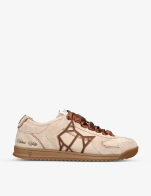 NAKED WOLFE: Exposure logo-embroidered ribbon-lace suede low-top trainers