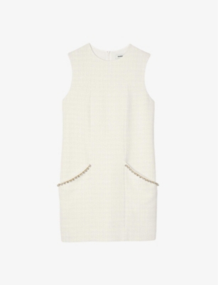 SANDRO: Rhinestone-embellished round-neck sleeveless cotton-tweed mini dress