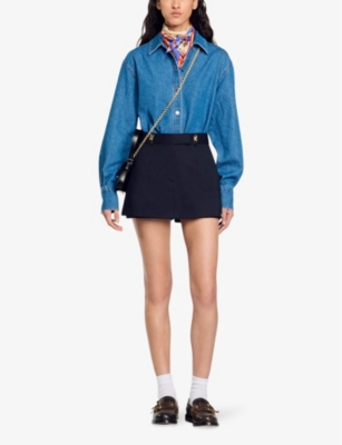 Sandro Womens Bleus Hardware-embellished High-rise Stretch-woven Skort In Bleus
