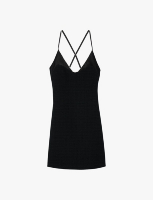 Shop Sandro Women's Noir / Gris Rhinestone-strap Slim-fit Cotton-tweed Mini Dress