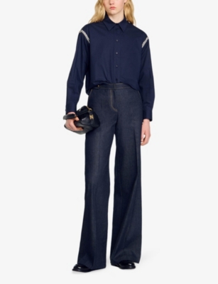 Sandro Rhinestoned Cotton Shirt In Bleus