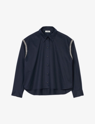 Sandro Rhinestoned Cotton Shirt In Bleus