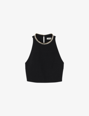 Shop Sandro Womens  Rhinestone-embellished Sleeveless Cropped Stretch-woven Top In Noir / Gris