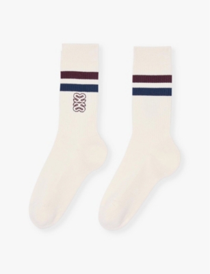 Shop Sandro Womens Brand-embroidered Stretch-cotton-blend Socks Naturels