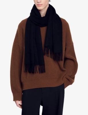 Sandro Mens  Fringed-trim Wool And Cashmere-blend Scarf In Noir / Gris