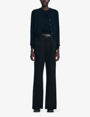 Sandro Womens Black Round-neck Ruffle-cuff Wool And Cashmere Cardigan In Black