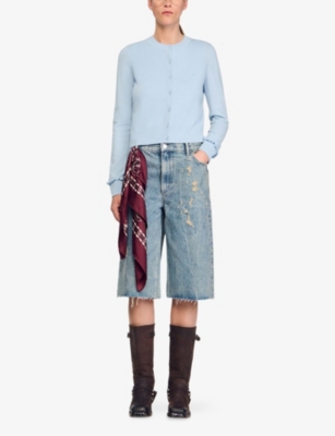Sandro Womens Sky Blue Round-neck Ruffle-cuff Wool And Cashmere Cardigan In Blue