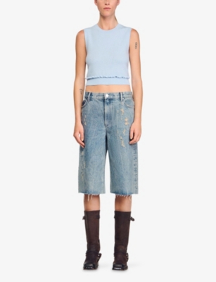Sandro Womens Sky Blue Ruffled-trim Sleeveless Wool And Cashmere-blend Jumper In Blue