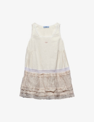 Shop Prada Antique-skirt Linen Mini Dress In Neutral