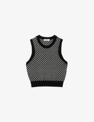 Sandro Checked Knit Top In Noir / Gris