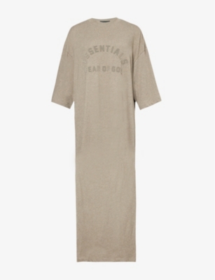 Shop Essentials Fear Of God  Women's Heather Grey Logo-print Cotton-blend Maxi T-shirt Dress