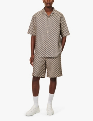 Gucci Mens Oatmilk Blue Monogram-pattern Regular-fit Linen-blend Shirt In Oatmilk Blue