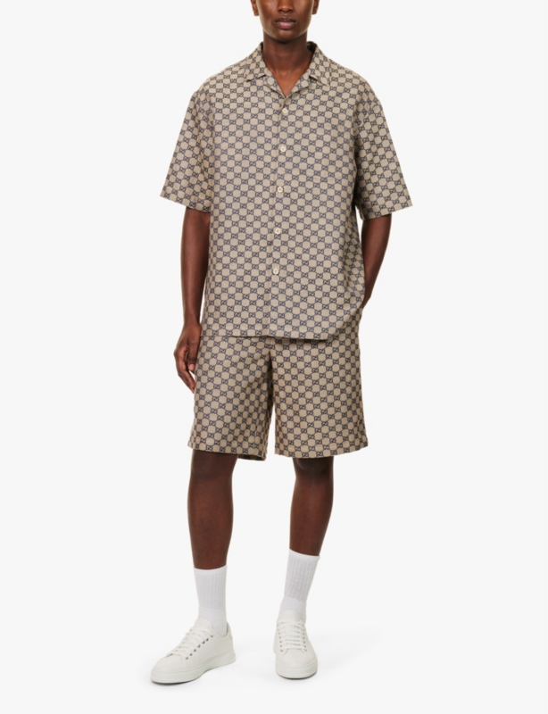 Monogram-pattern regular-fit linen-blend shirt