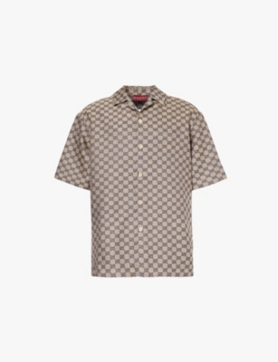 Shop Gucci Mens  Monogram-pattern Regular-fit Linen-blend Shirt In Oatmilk Blue