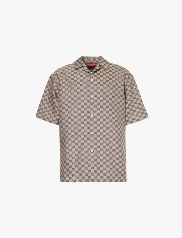 Monogram-pattern regular-fit linen-blend shirt