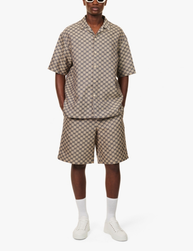 Monogram-pattern elasticated-waist linen-blend shorts