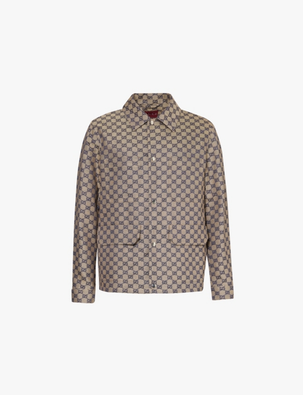 Monogram-print four-pockets regular-fit linen-blend jacket