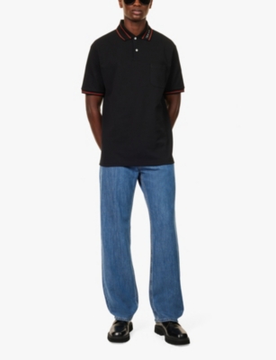 GUCCI: Branded-collar striped-trim stretch-cotton polo shirt