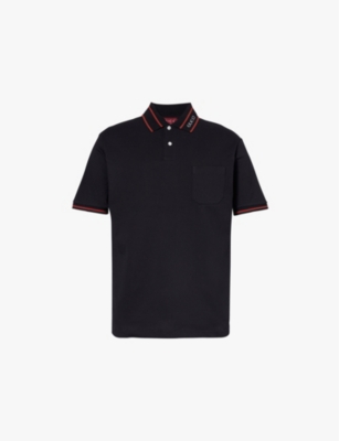 Shop Gucci Mens  Branded-collar Striped-trim Stretch-cotton Polo Shirt In Black Mix