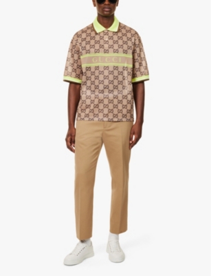 Shop Gucci Mens Beige Ebony Mc Brand-print Monogram-pattern Woven Polo Shirt