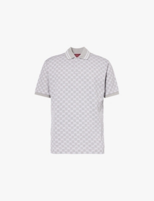 Shop Gucci Mens Monogram-pattern Striped-trim Cotton Polo Shirt Grey Melange White