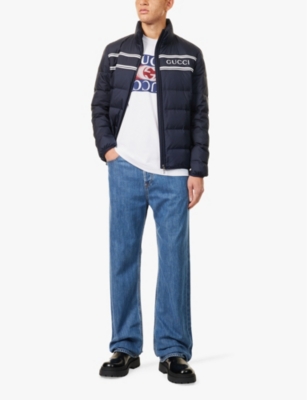 Shop Gucci Mens Navy Mix Brand Stripe-print Lightweight Shell-down Jacket