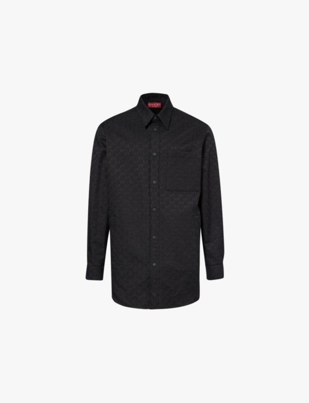 Monogram-pattern long-sleeves relaxed-fit cotton-blend shirt