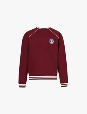 Shop Gucci Mens Brand-embroidery Striped-trims Relaxed-fit Cotton-jersey Sweatshirt Rosso Ancora Mix