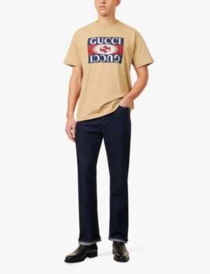 Shop Gucci Mens  Graphic-print Short-sleeve Cotton-jersey T-shirt In Camel Mc