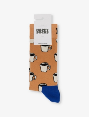 Happy Socks Mens Pattern14 My Cup Of Tea Stretch-cotton-blend Socks In Brown