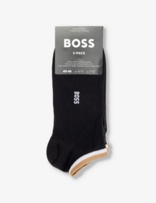 Shop Hugo Boss Boss Men's Black Uni Striped Pack Of Two Cotton-blend Ankle-rise Socks