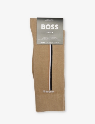 Hugo Boss Boss Mens Dark Beige Iconic Logo-print Pack Of Two Stretch-cotton Blend Socks