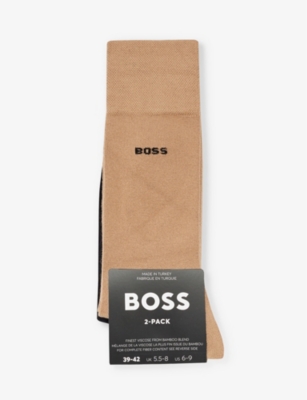 Shop Hugo Boss Mens Boss Logo-pattern Pack Of Two Cotton-blend Socks In Medium Beige