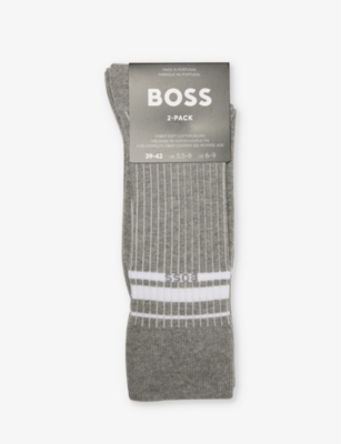 Shop Hugo Boss Boss Men's Silver Stripe-pattern Pack Of Two Stretch-cotton Blend Socks