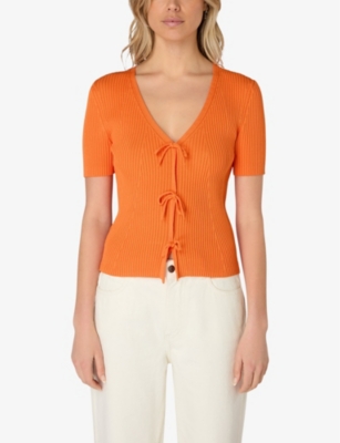 Shop Ro&zo Women's Orange Tie-front Short-sleeved Rib-knit Top
