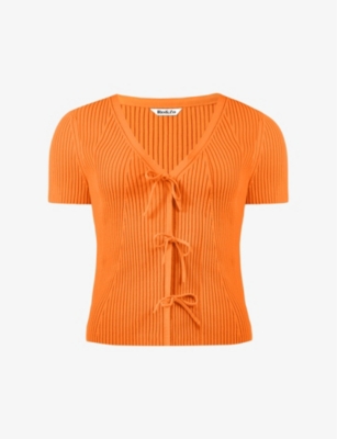 Ro&zo Tie-front Short-sleeved Rib-knit Top In Orange