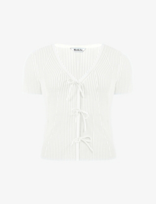 Shop Ro&zo Women's White Tie-front Short-sleeved Rib-knit Top