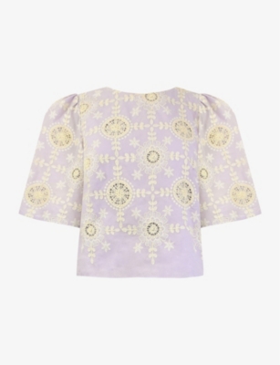 Shop Ro&zo Broderie Cropped Cotton Top In Purple