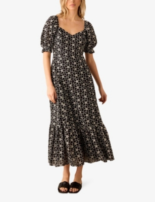 Ro&zo Mono Flower-embroidered Cotton Midi Dress In Black