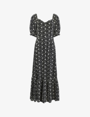 Ro&zo Mono Flower-embroidered Cotton Midi Dress In Black