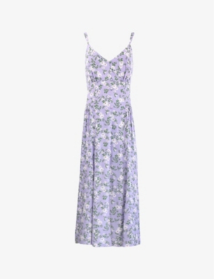 Shop Ro&zo Women's Purple Ditsy-print Shirred Woven Midi Dress
