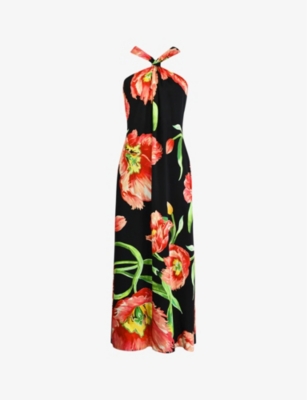 RO&ZO: Halterneck floral-print woven midi dress