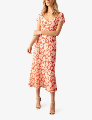 Ro&zo Daisy-print Sweetheart-neck Chiffon Midi Dress In Red