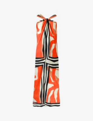 Ro&zo Placement-print Halterneck Woven Maxi Dress In Red