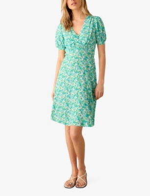 Shop Ro&zo Women's Green Ditsy-print Shirred Crepe Mini Dress