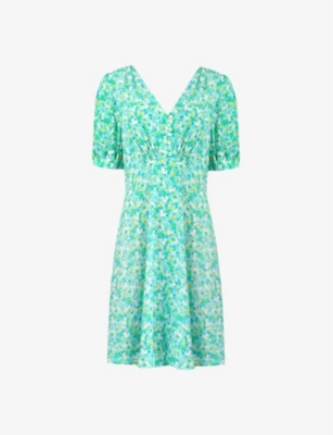 Shop Ro&zo Women's Green Ditsy-print Shirred Crepe Mini Dress