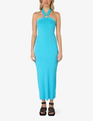 RO&ZO: Circular-buckle halter-neck knitted maxi dress